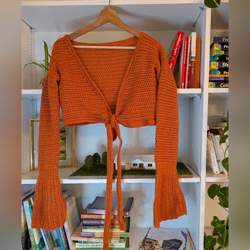 Handmade Women's Bolero Corchet Tie Up Cardigan Bell Sleeves Orange Knit Medium